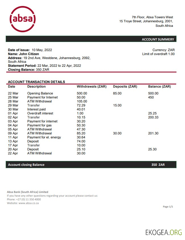 Relevé bancaire ABSA en Afrique du Sud